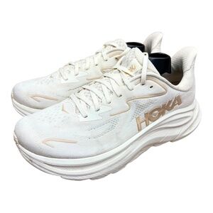 Hoka One One Clifton women size 9.5 Vanilla Birch White and Gold Running Shoes